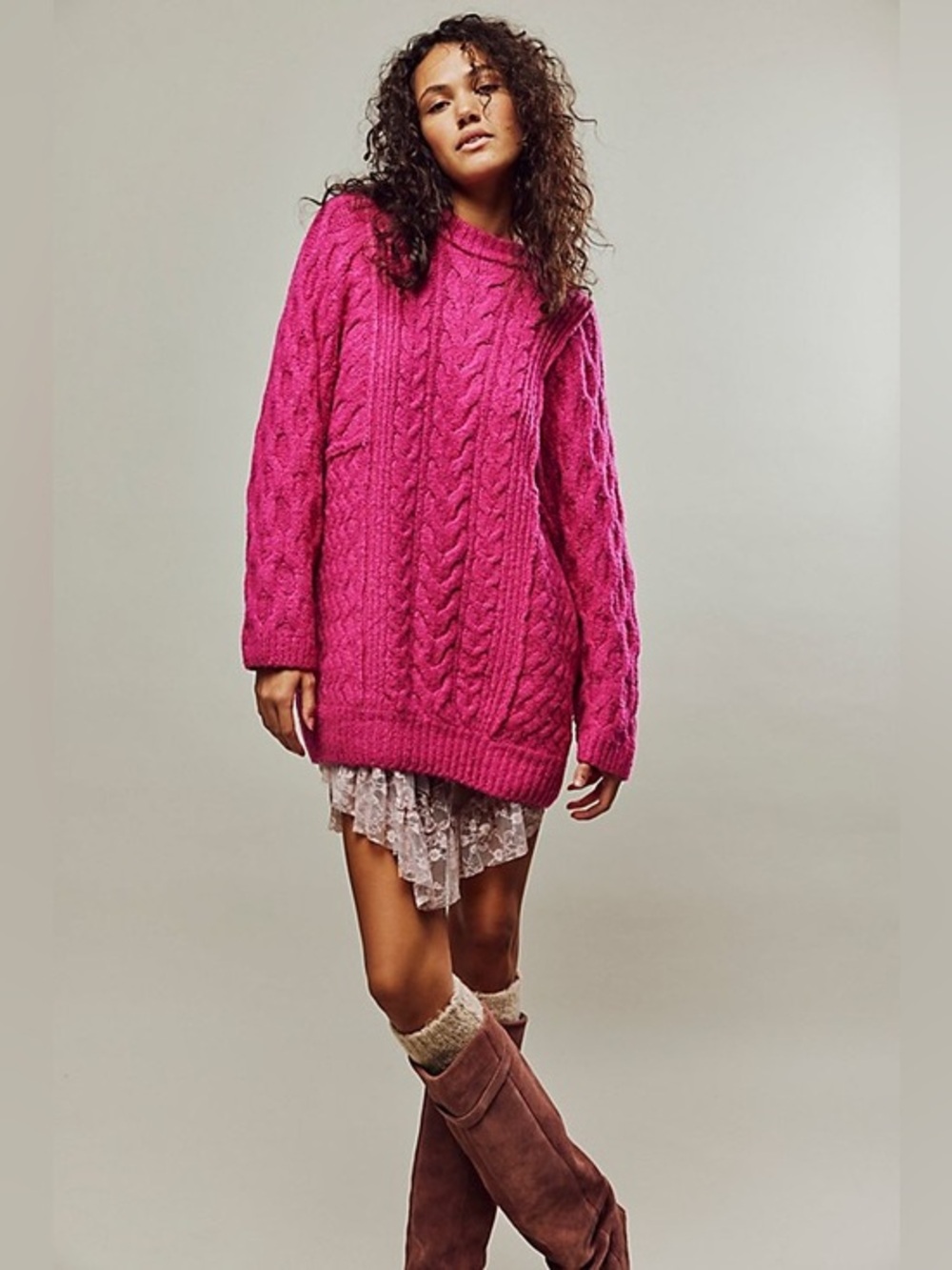 Free People Loveship Chunky Knit Sweater Hot Pink Cable Knit Oversized XS